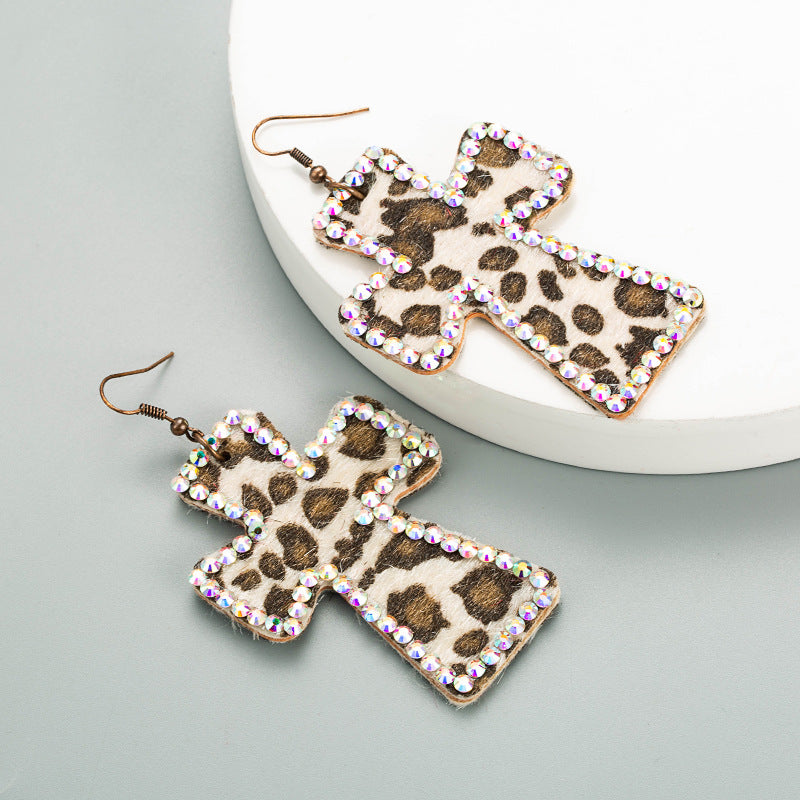 Wholesale Handmade Personalized Exaggerated Cross Genuine Leather Leopard Print Earrings